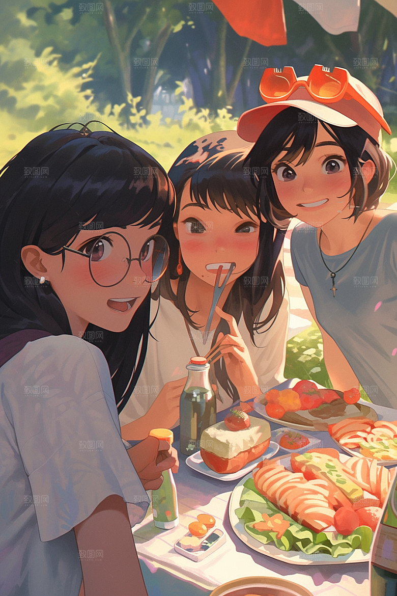 夏日聚会同学欢乐插画