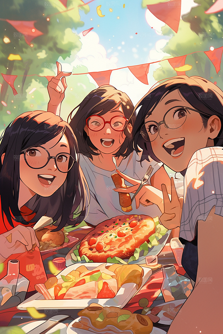 夏日聚会漫画风暑假插画