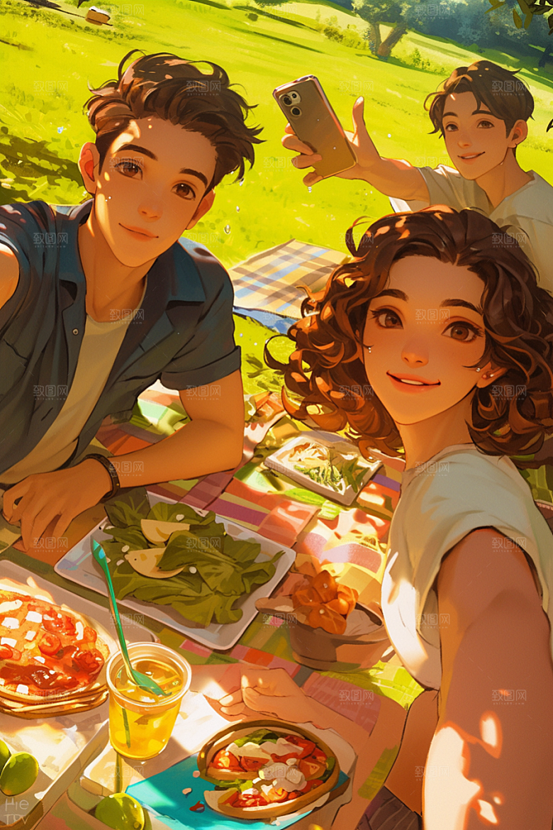 夏日聚会同学自拍插画