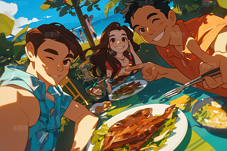 夏日聚会假日同学插画