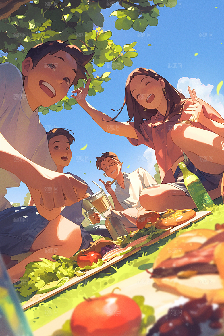 夏日聚会欢乐自拍插画