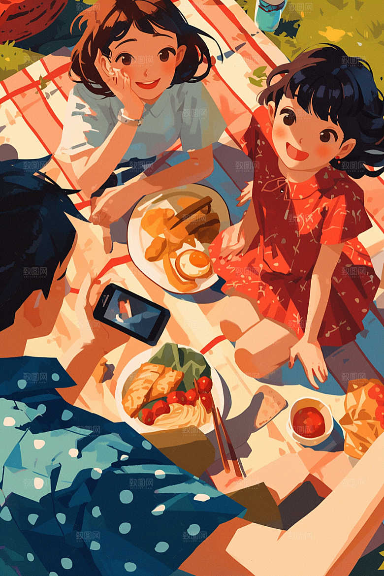 夏日聚会手绘场景插画