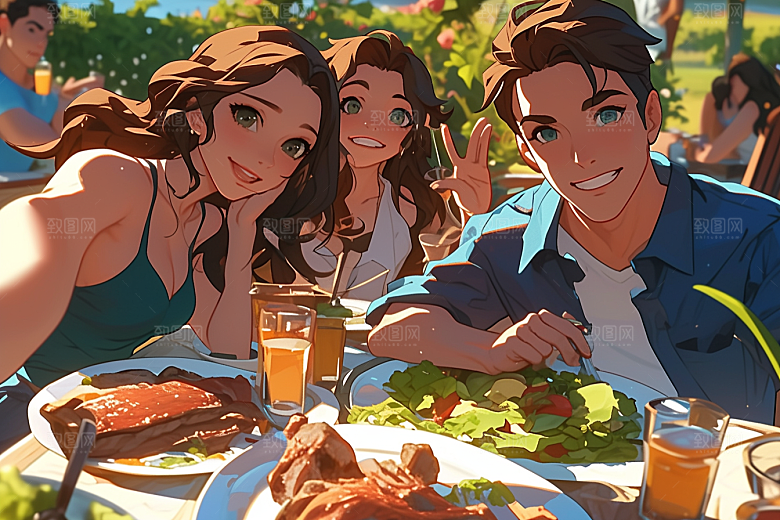 夏日聚会自拍欢乐插画