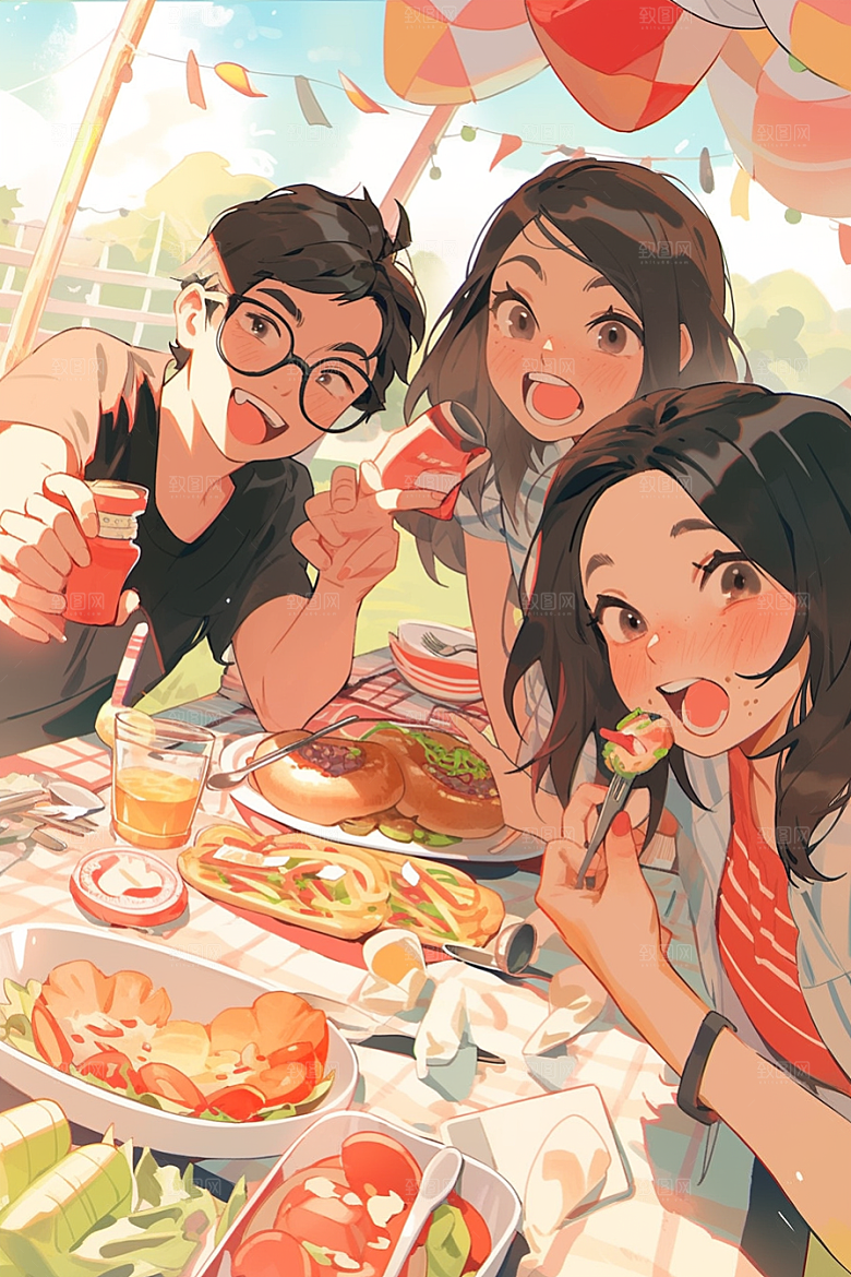 夏日聚会手绘同学插画