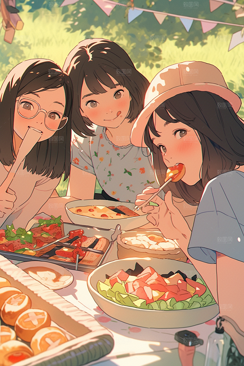 夏日聚会手绘友情插画