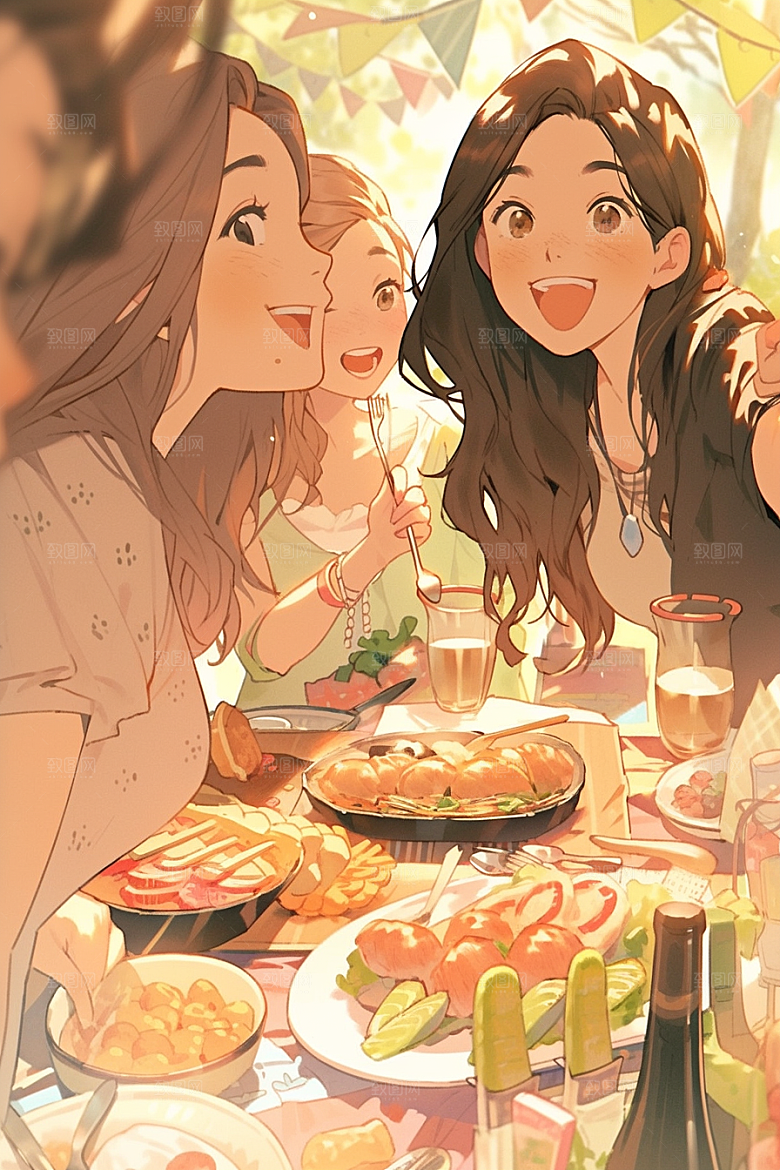 夏日聚会友情同学插画