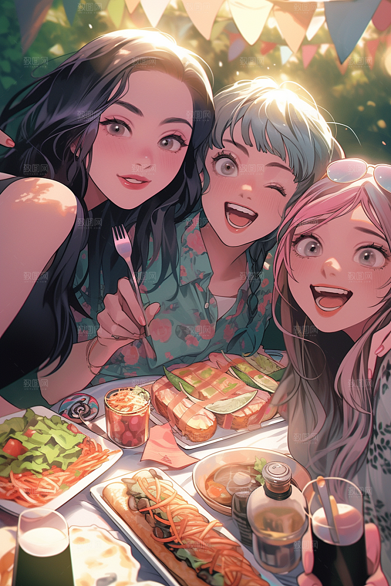 夏日聚会自拍玩耍插画