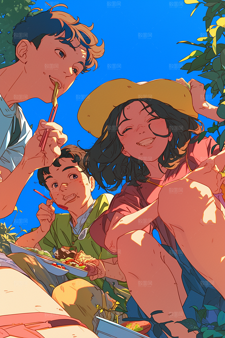 夏日聚会同学欢乐插画
