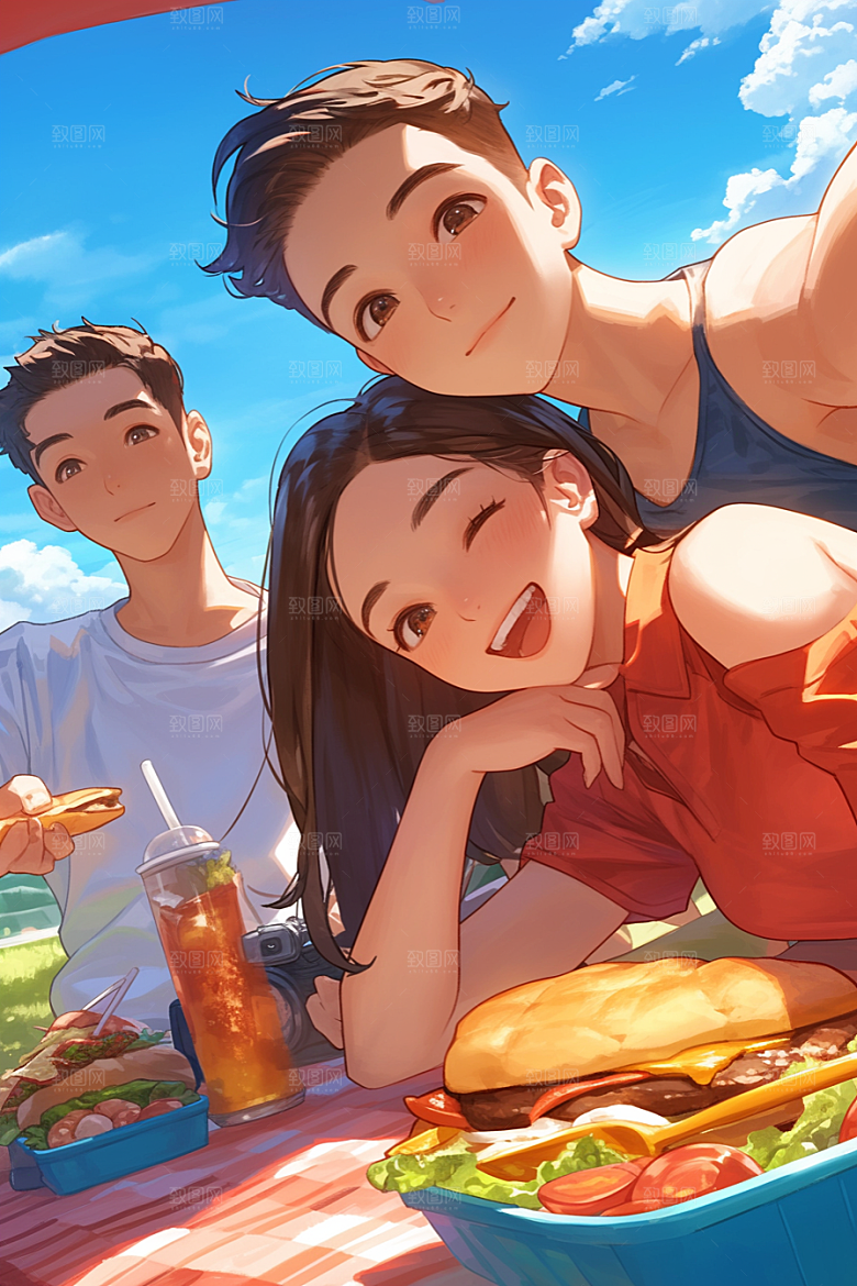 夏日聚会暑假手绘插画