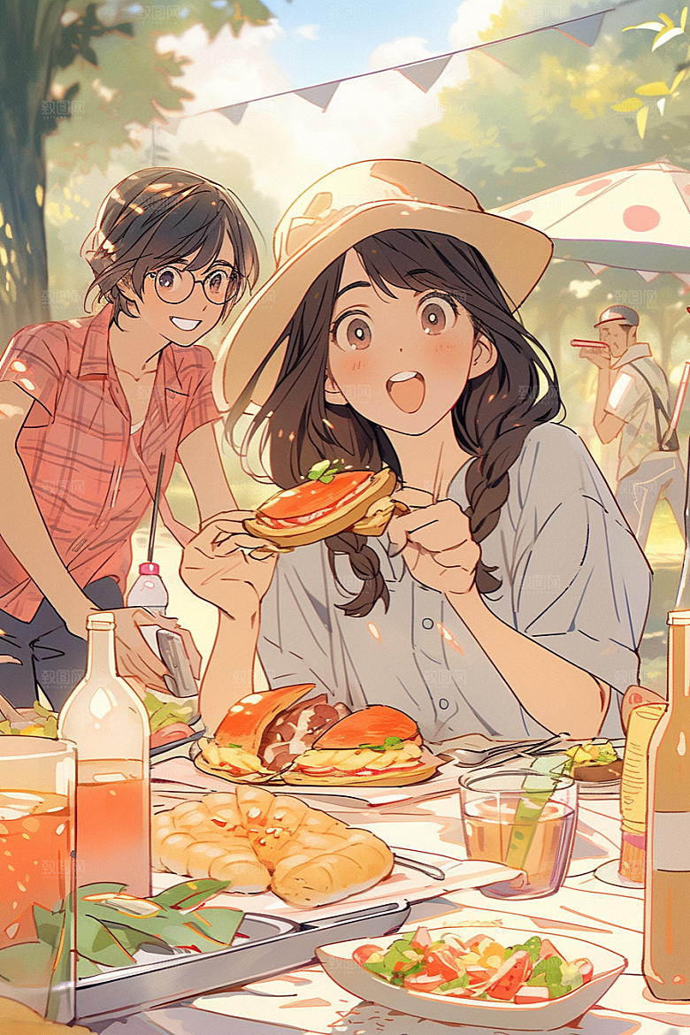 夏日聚会发小自拍插画