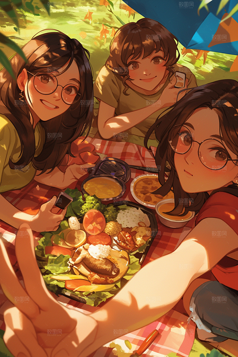 夏日聚会同学手绘插画