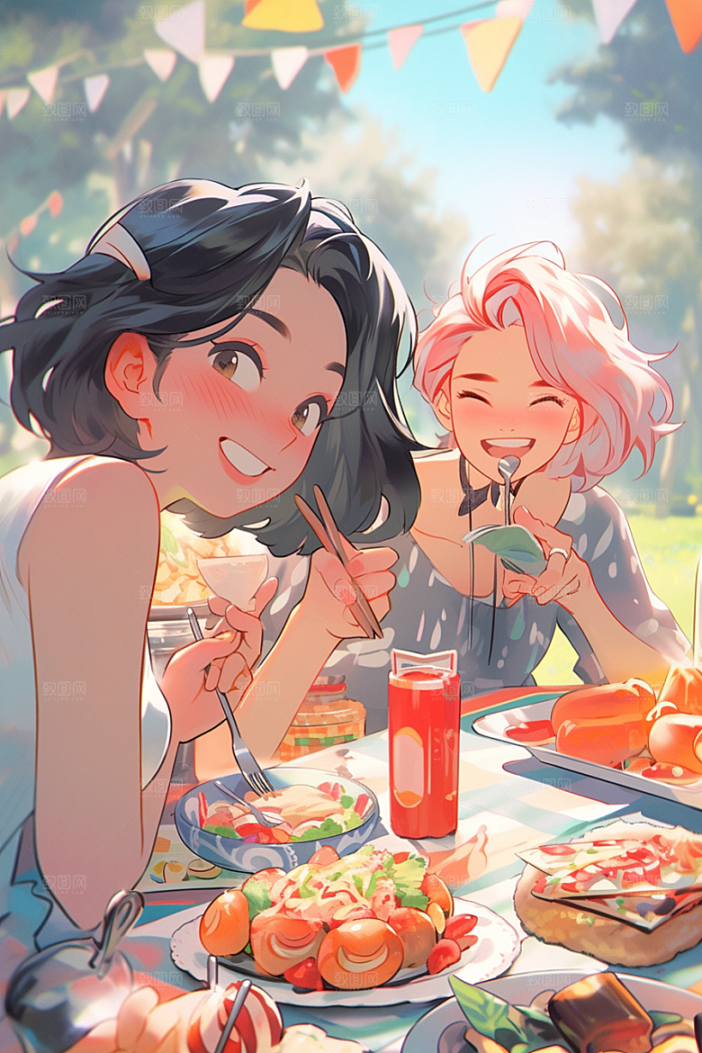 夏日聚会自拍漫画风插画