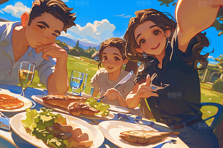 夏日聚会手绘发小插画