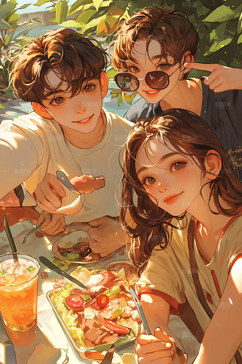 夏日聚会同学假日插画