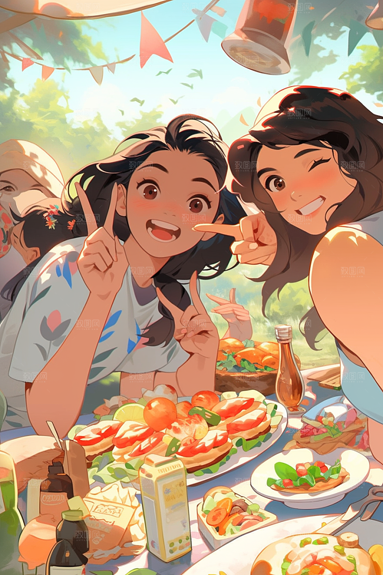 夏日聚会欢乐同学插画