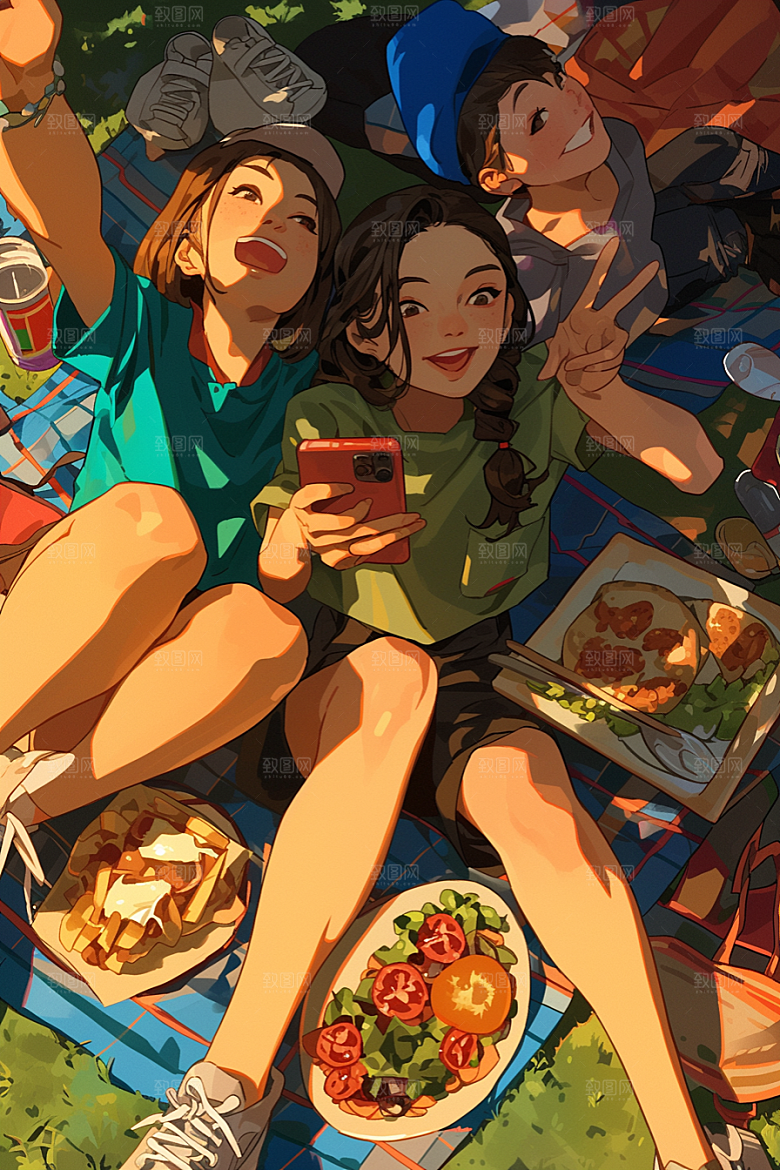 夏日聚会发小自拍插画
