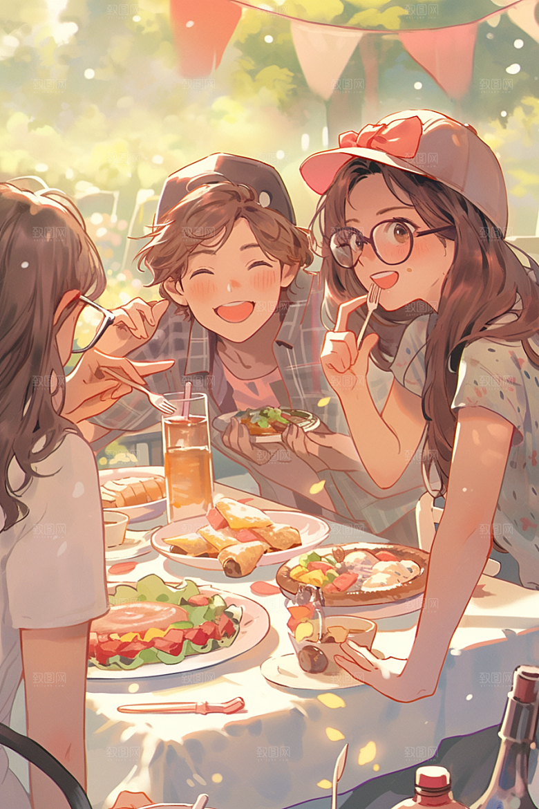 夏日聚会自拍场景插画