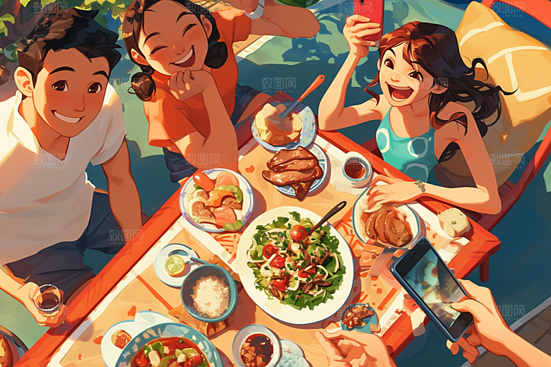 夏日聚会友情同学插画