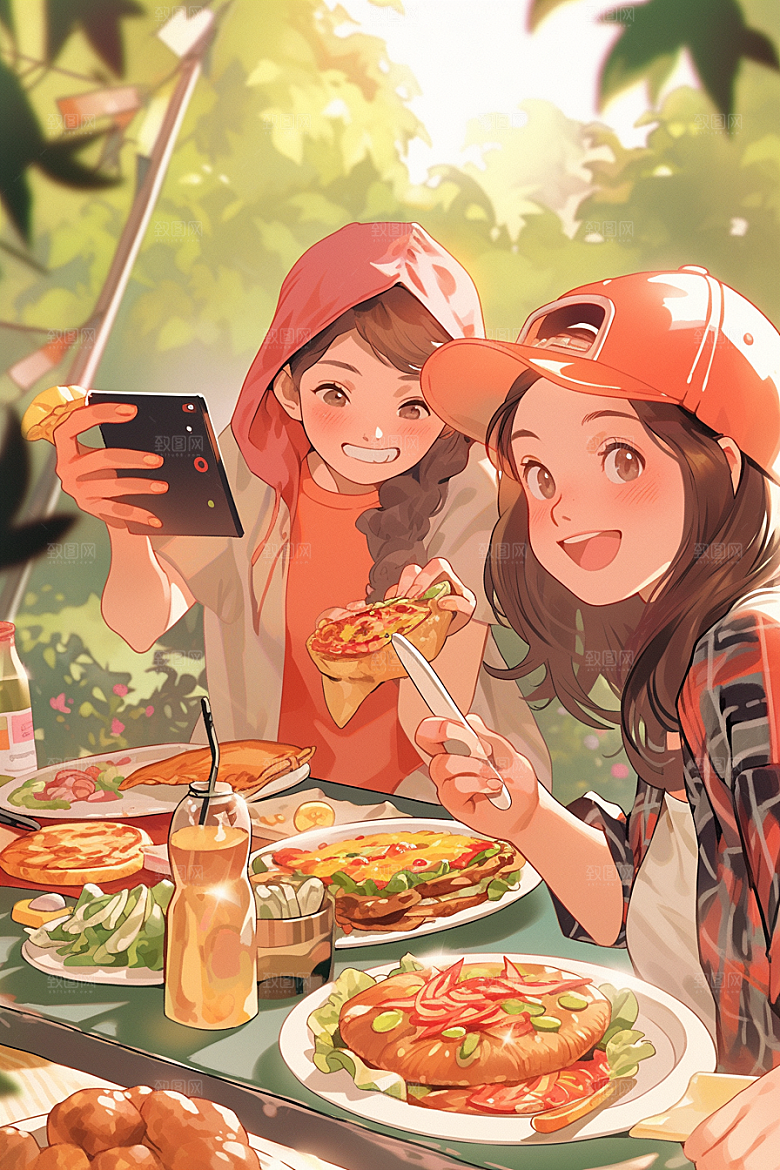 夏日聚会友情自拍插画