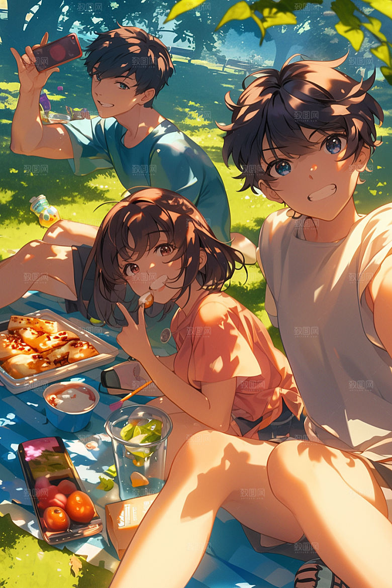 夏日聚会自拍暑假插画