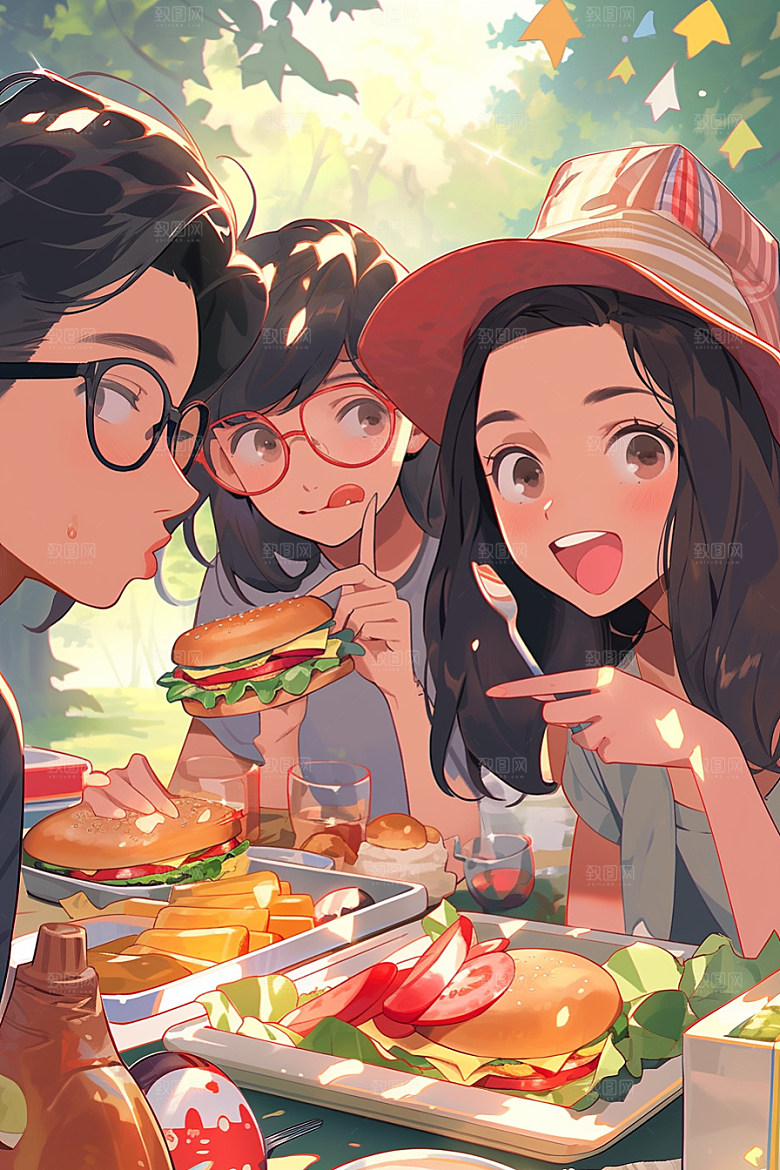 夏日聚会手绘自拍插画