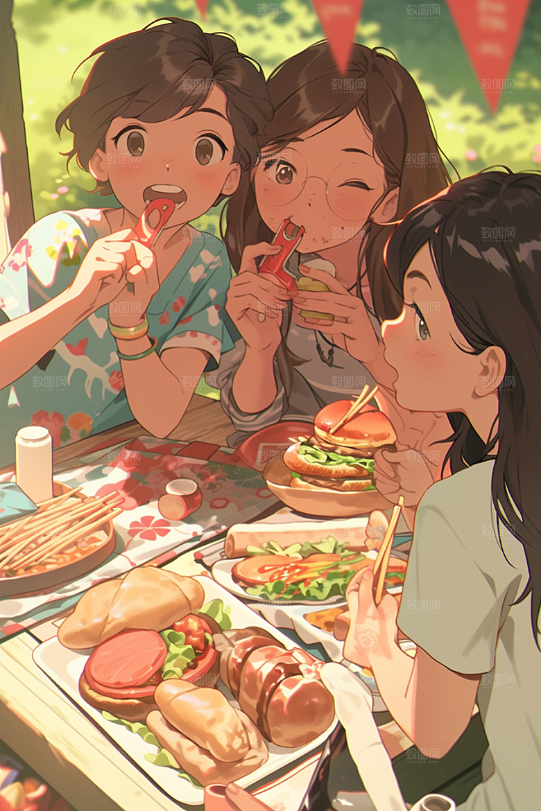 夏日聚会手绘场景插画