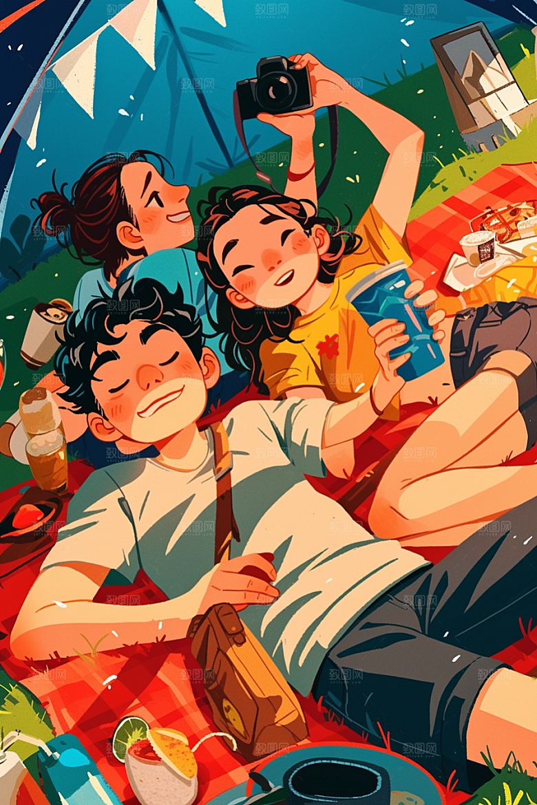 夏日聚会欢乐手绘插画