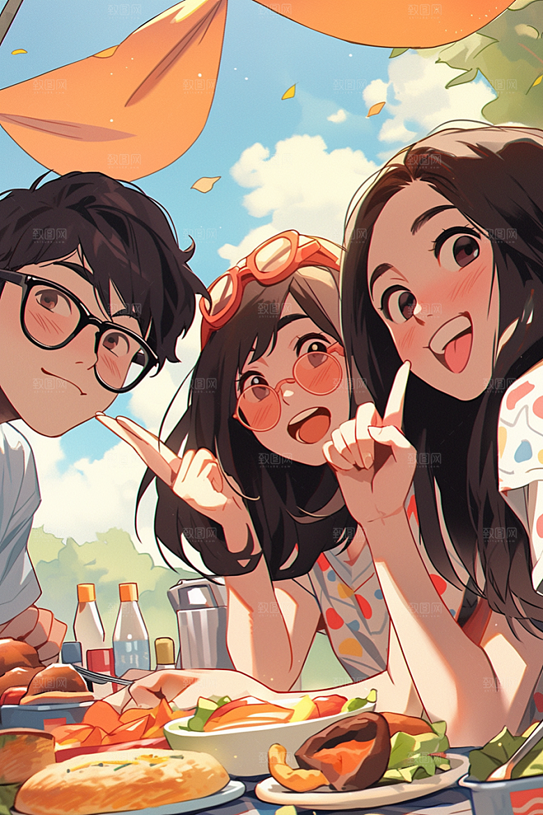 夏日聚会玩耍漫画风插画