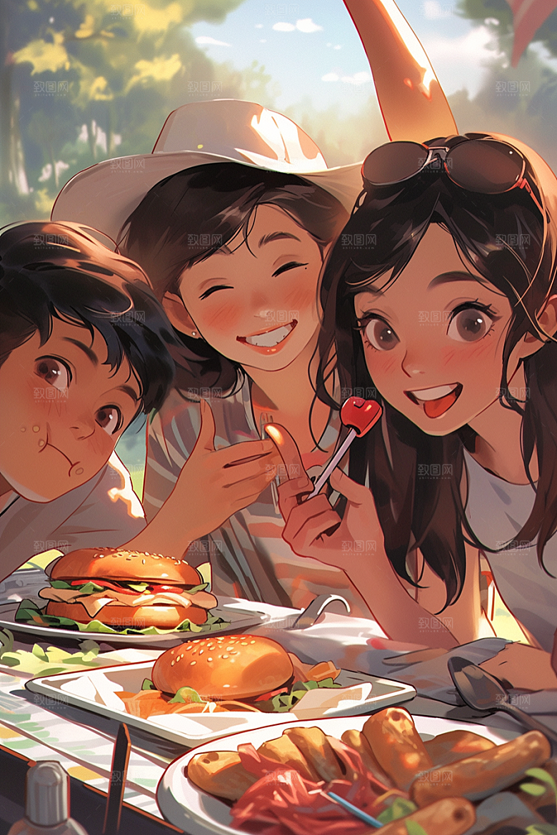 夏日聚会手绘场景插画