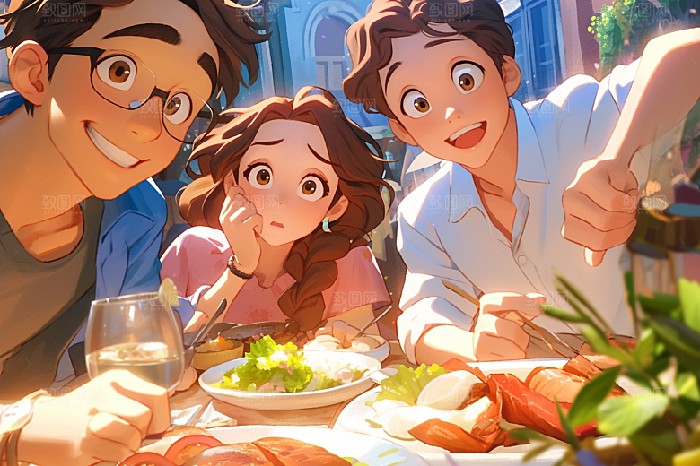 夏日聚会漫画风自拍插画
