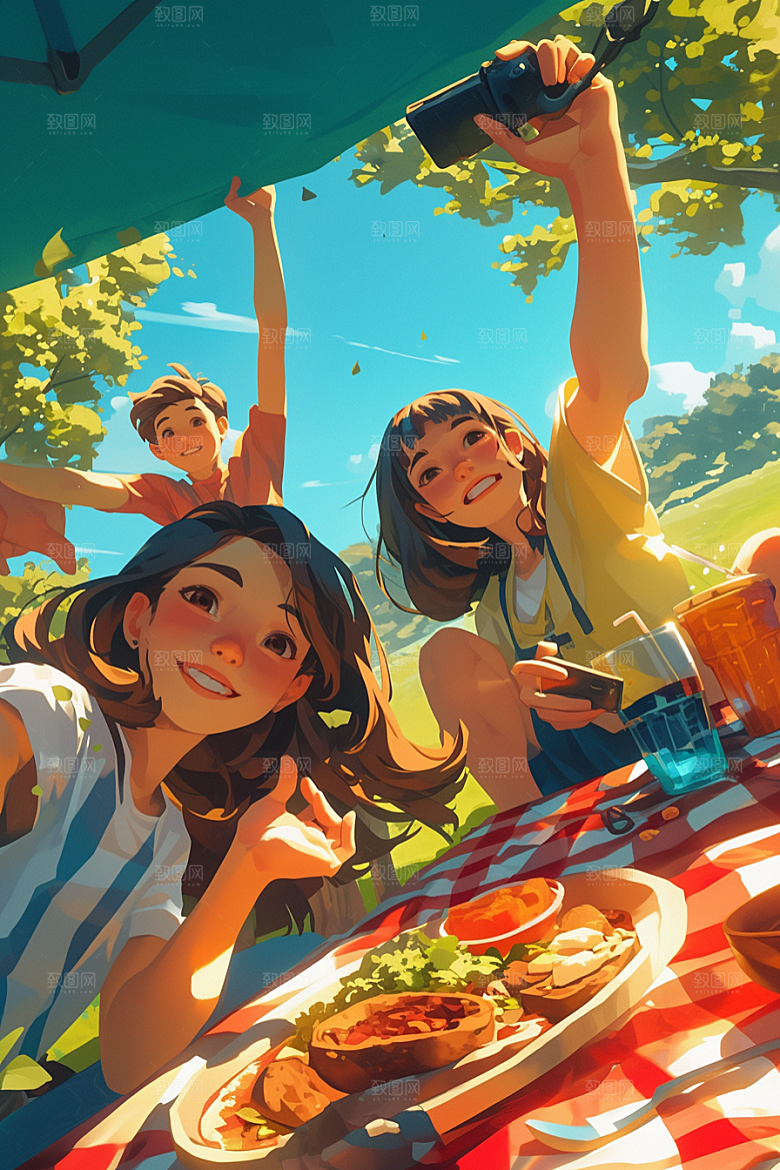 夏日聚会场景同学插画