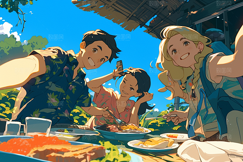 夏日聚会暑假友谊插画