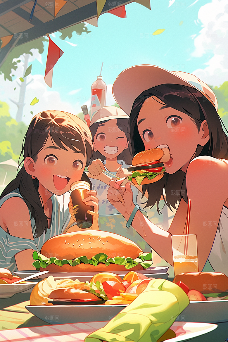 夏日聚会手绘友情插画