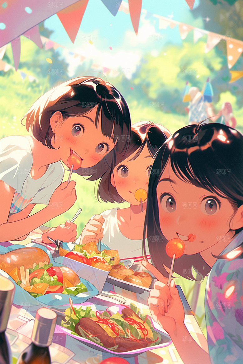 夏日聚会手绘场景插画