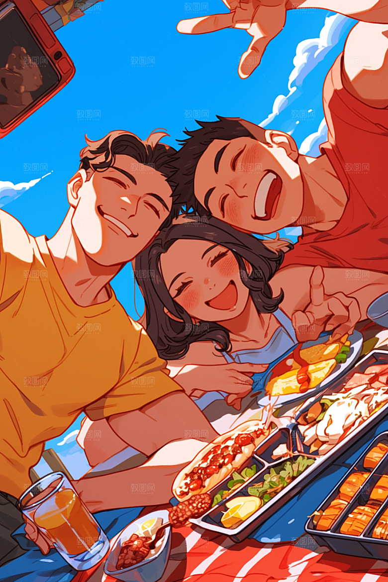 夏日聚会漫画风假日插画