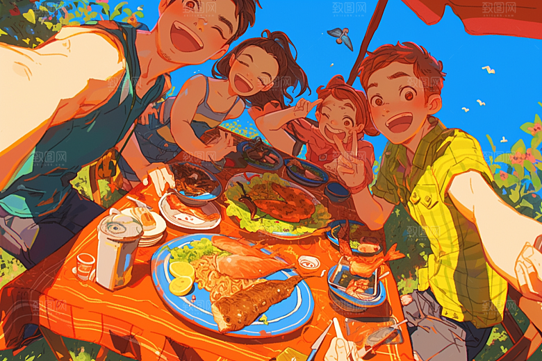 夏日聚会自拍手绘插画