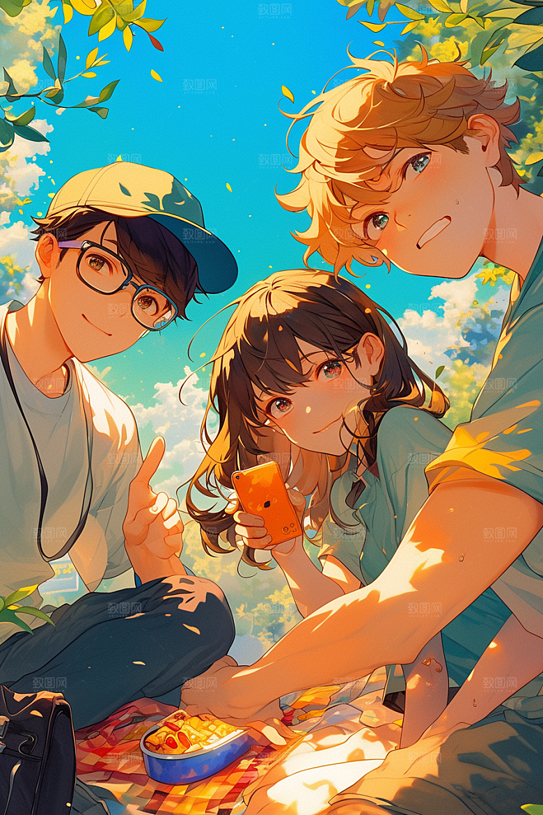 夏日聚会友情同学插画