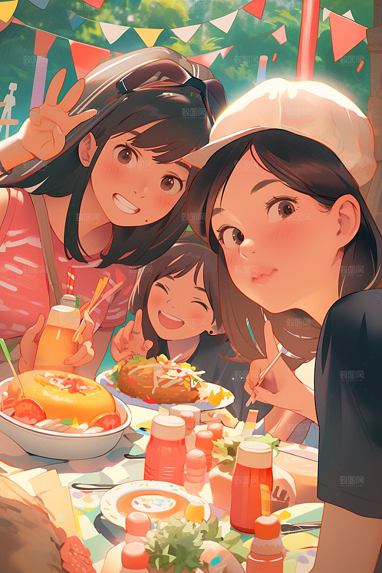 夏日聚会欢乐自拍插画