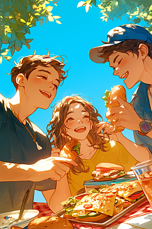 夏日聚会暑假同学插画