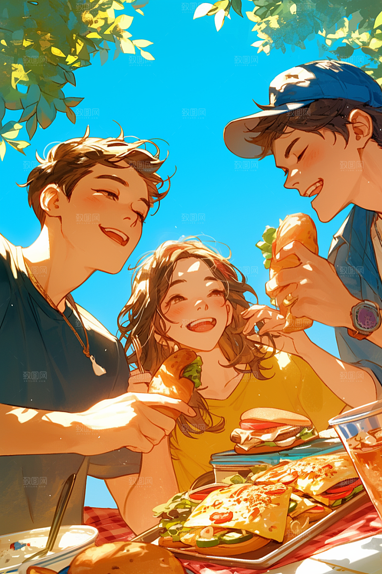 夏日聚会暑假同学插画