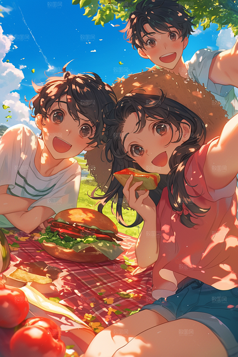 夏日聚会自拍高清插画