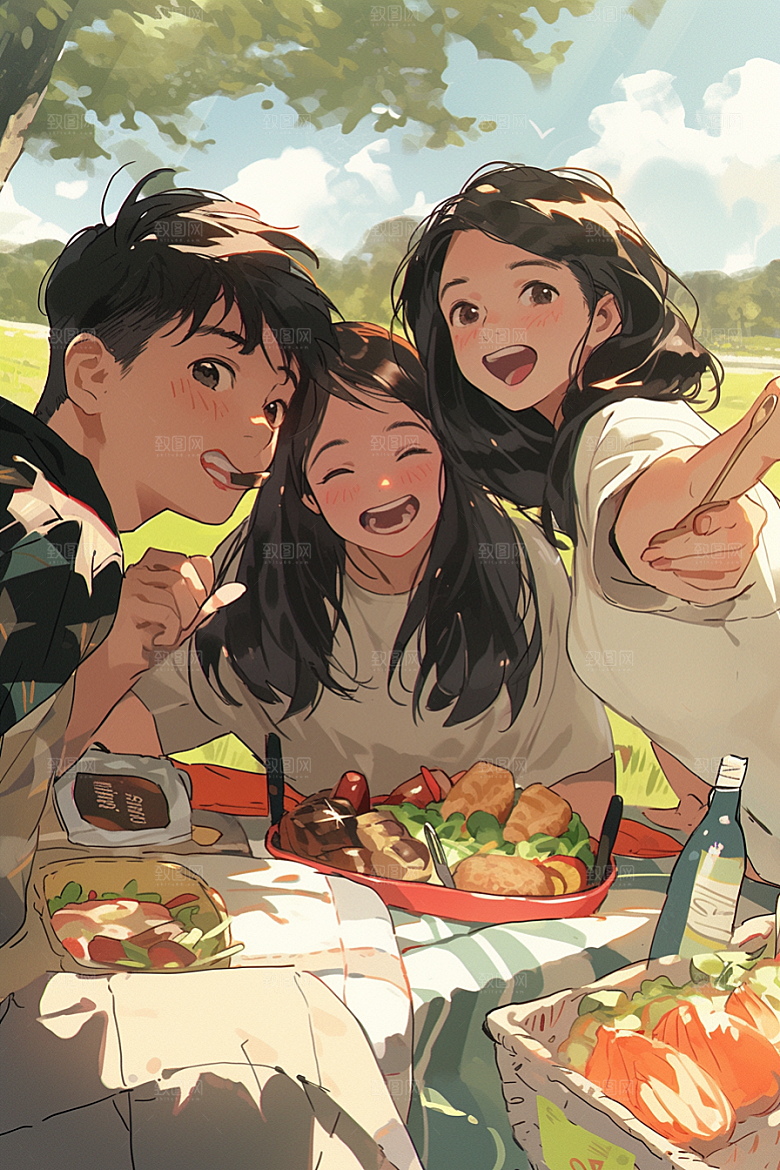 夏日聚会手绘同学插画
