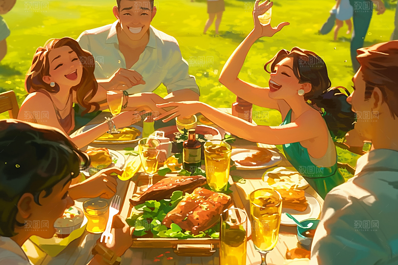 夏日聚会自拍欢乐插画