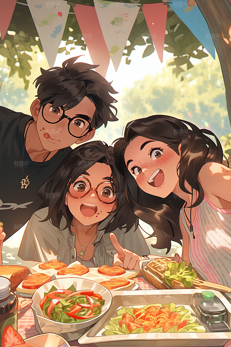 夏日聚会漫画风手绘插画