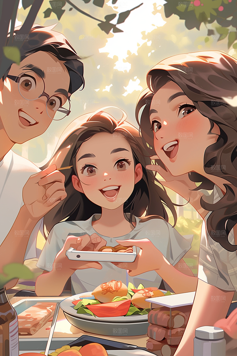 夏日聚会手绘自拍插画