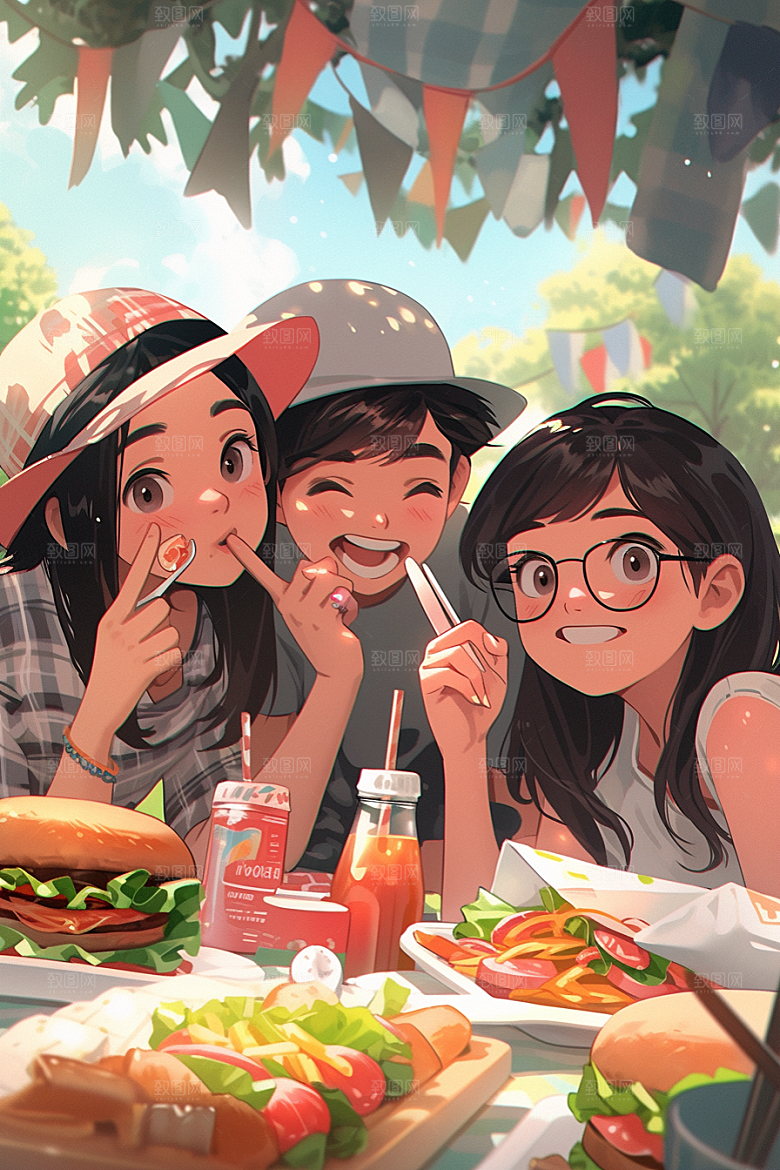 夏日聚会玩耍手绘插画