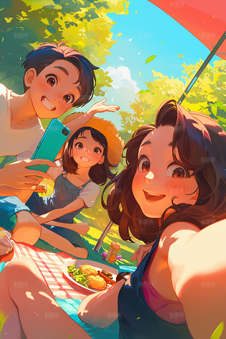 夏日聚会假日自拍插画