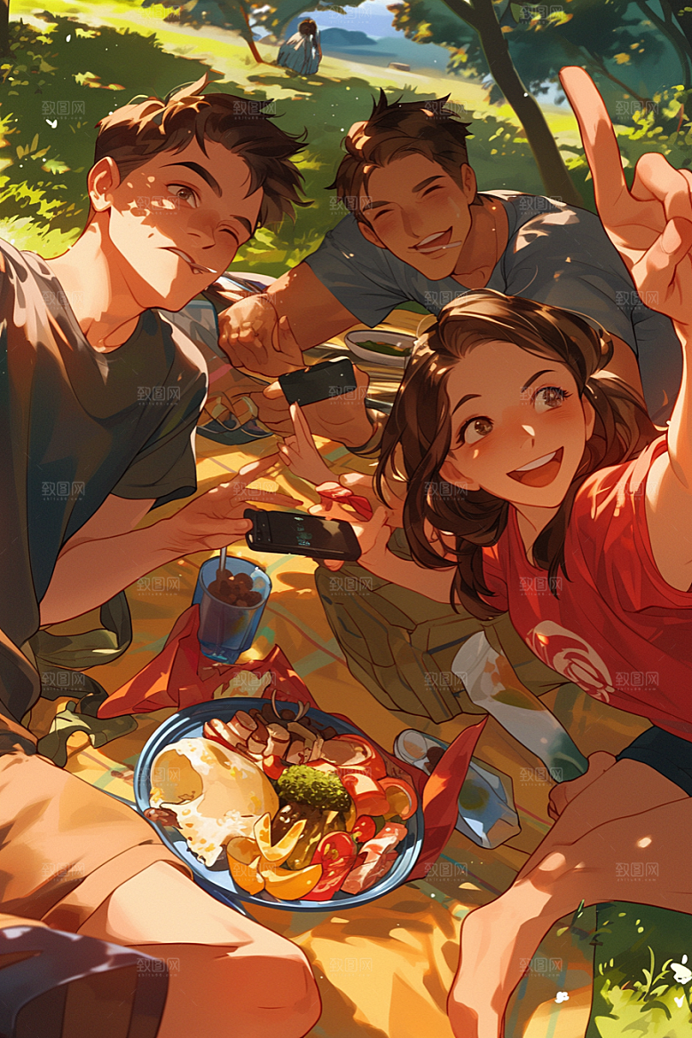 夏日聚会同学欢乐插画