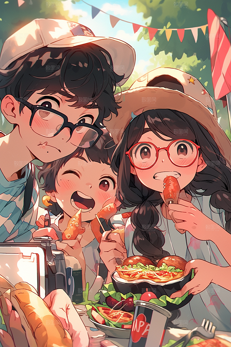 夏日聚会玩耍自拍插画
