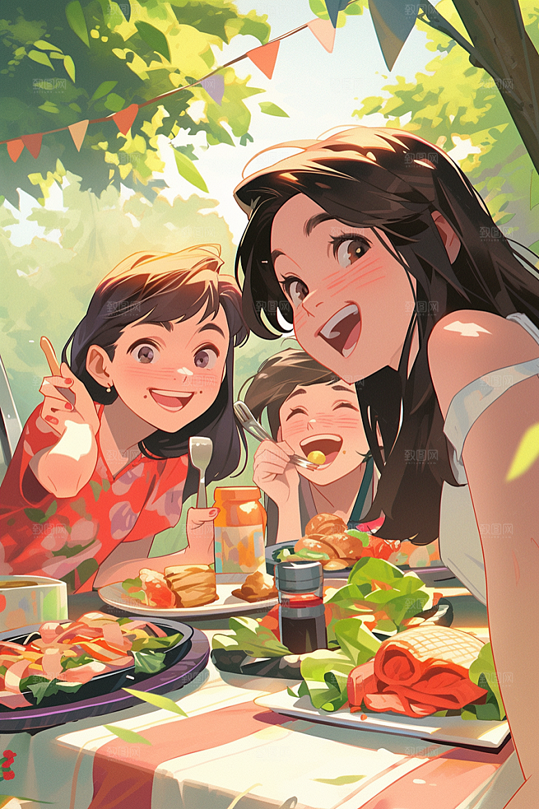 夏日聚会同学欢乐插画